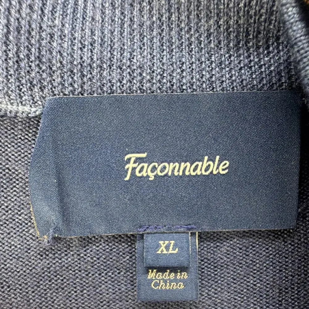 Façonnable Mens XL Blue Cable Knit Wool Quarter Zip Mock Neck Pullover Sweater